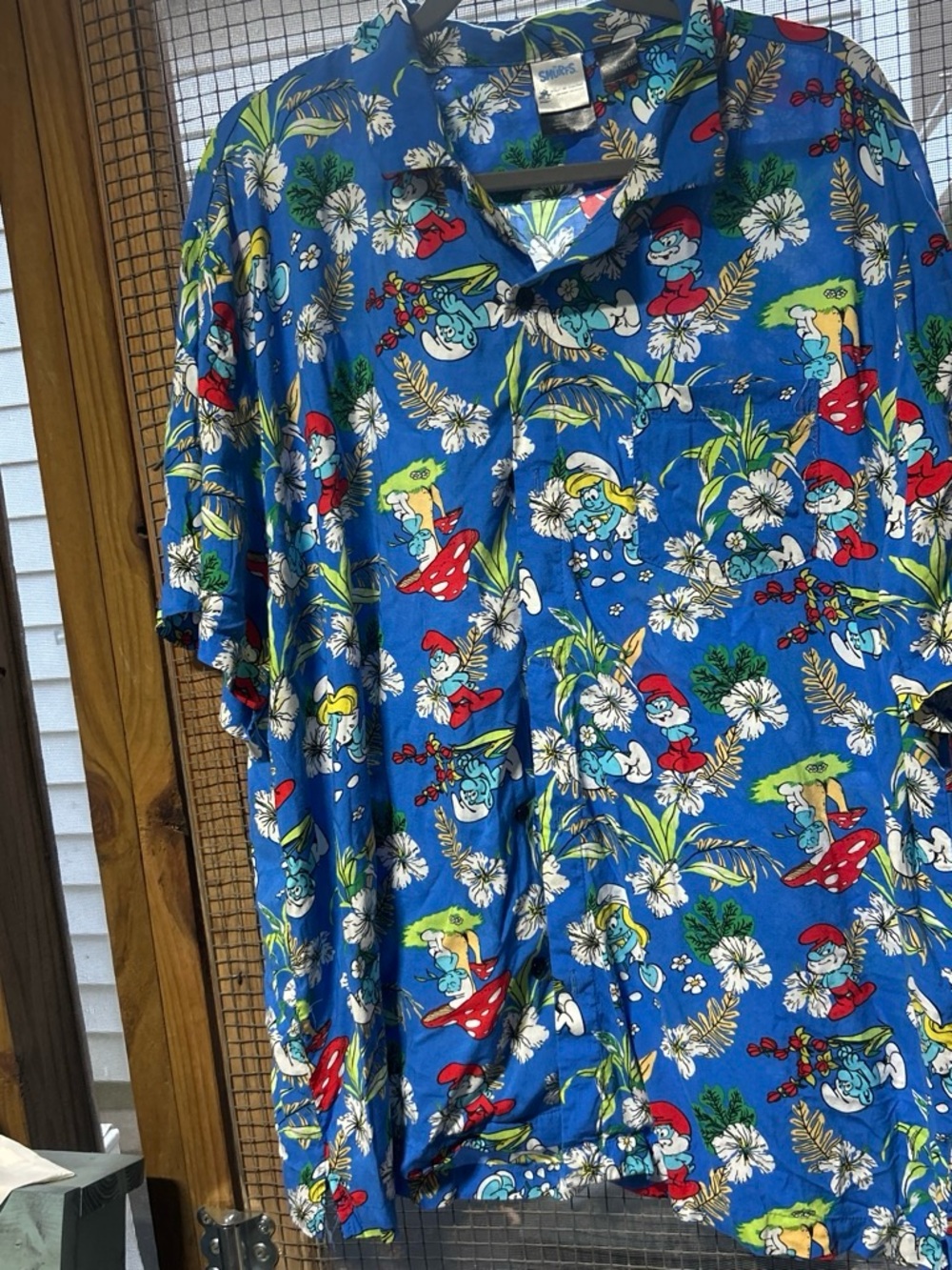 Bright Blue Smurf-Print Short Sleeve Button-Down Shirt